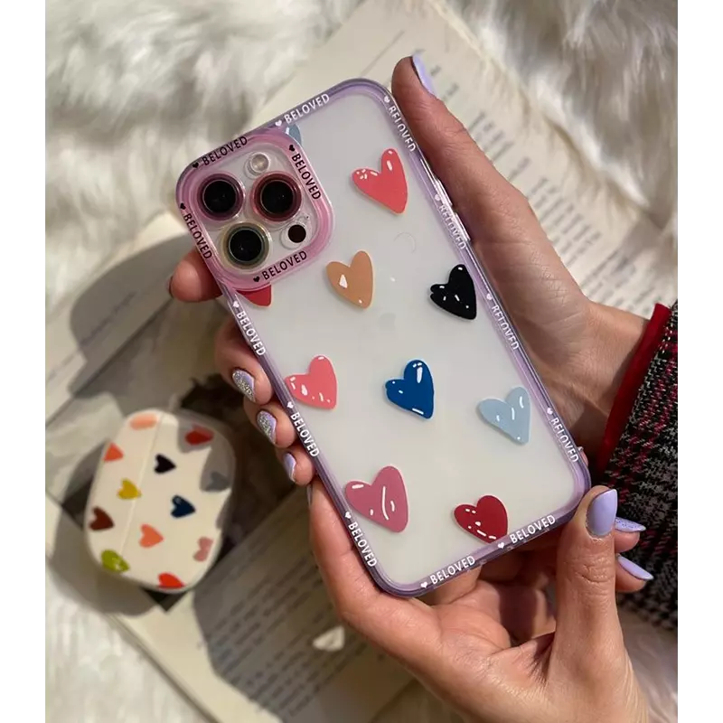 قاب موبایل آیفون پشت بیرنگ قلب مداد رنگی محافظ لنزدار