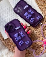 قاب موبایل آیفون بچه خرس اسمایل بنفش برجسته حلقه دار - Image 2