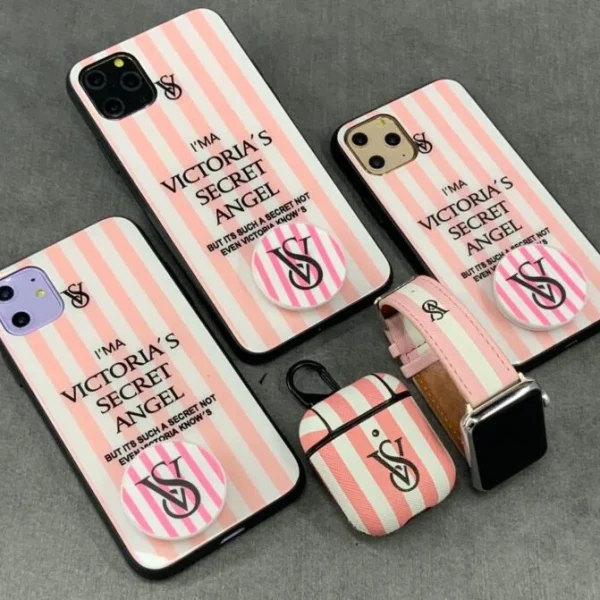 قاب موبایل ویکتوریا پشت گلس راه راه پاپ سوکت رایگان ( صورتی + سفید )