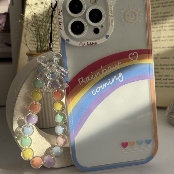 قاب موبایل آیفون آسمان آبی و رنگین کمان هلوگرامی + آویز خرسی