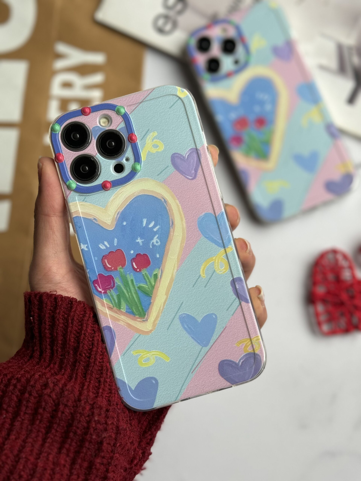 قاب موبایل آیفون نقاشی کودک درون قلبی آبی بنفش محافظ لنزدار ( 3005 )