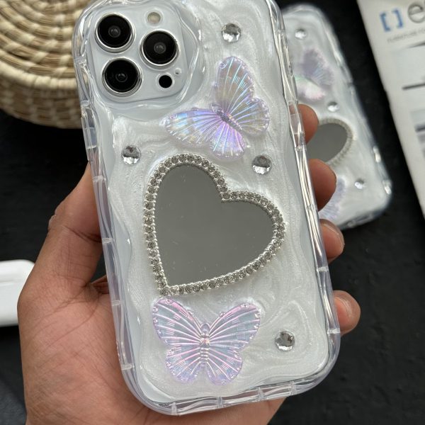 قاب موبایل آیفون آیینه قلبی پروانه برجسته