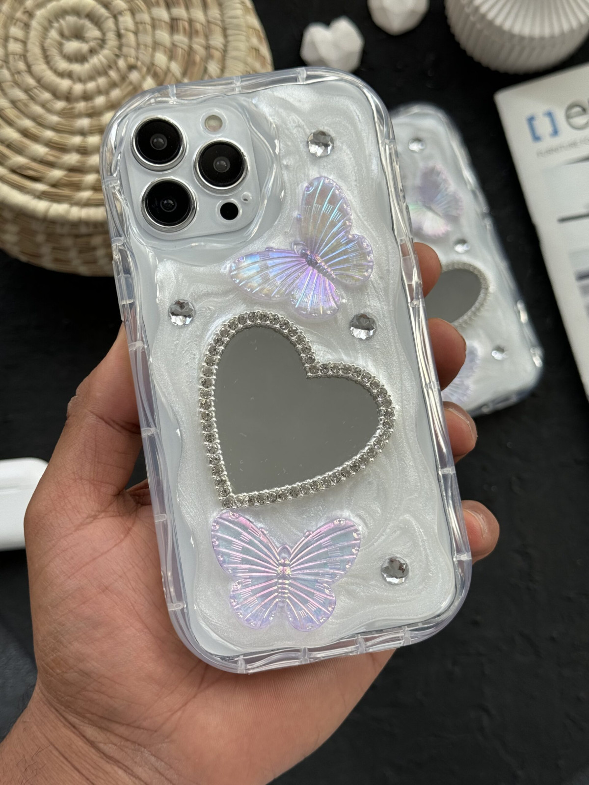قاب موبایل آیفون آیینه قلبی پروانه برجسته