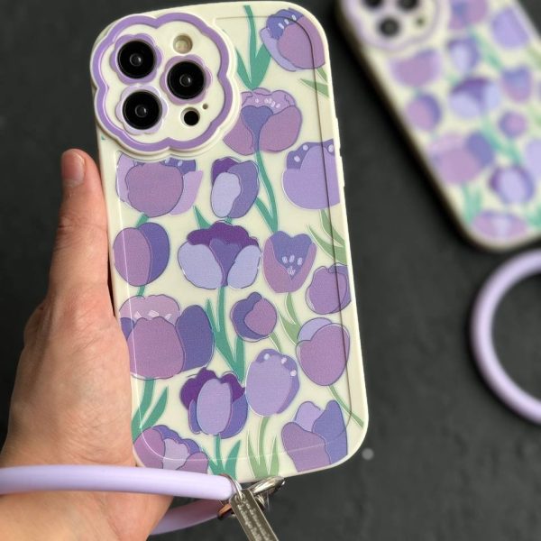 قاب موبایل آیفون گل لاله بنفش محافظ لنز طرح دار + حلقه ست ( 3011 )
