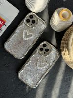 قاب موبایل آیفون پولکی نقره ای قلب مروارید برجسته - Image 3