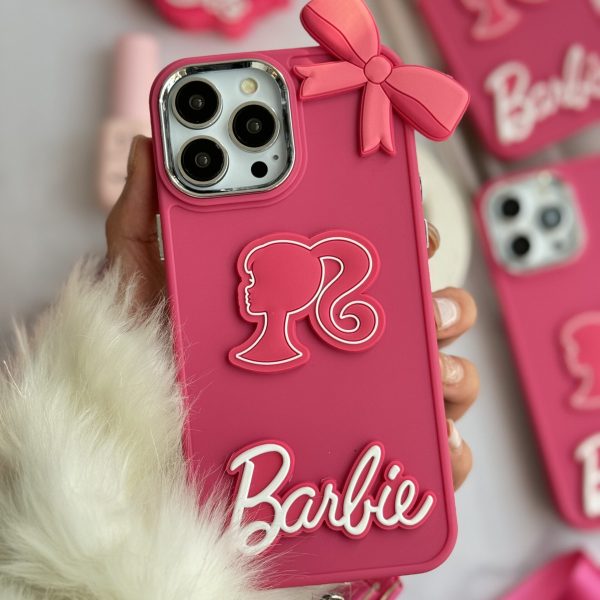 قاب موبایل آیفون باربی پاپیونی صورتی + بند بلند