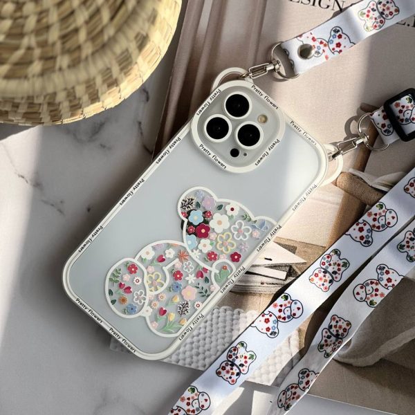 قاب موبایل آیفون خرس بهاری گوش دار پشت بیرنگ + بند آویز بلند