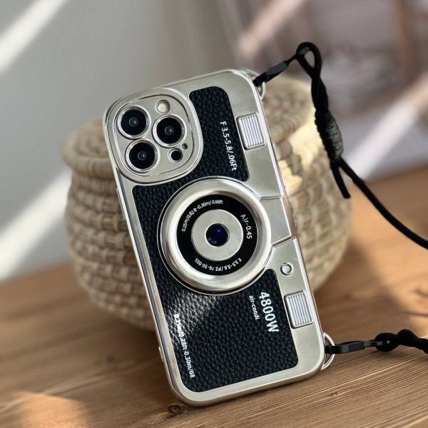 قاب موبایل آیفون دوربین آنالوگ کلاسیک محافظ لنزدار + بند بلند