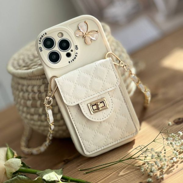 قاب موبایل ( آیفون - سامسونگ ) بند زنجیری بلند بالشتی پروانه ای جاکارتی دار