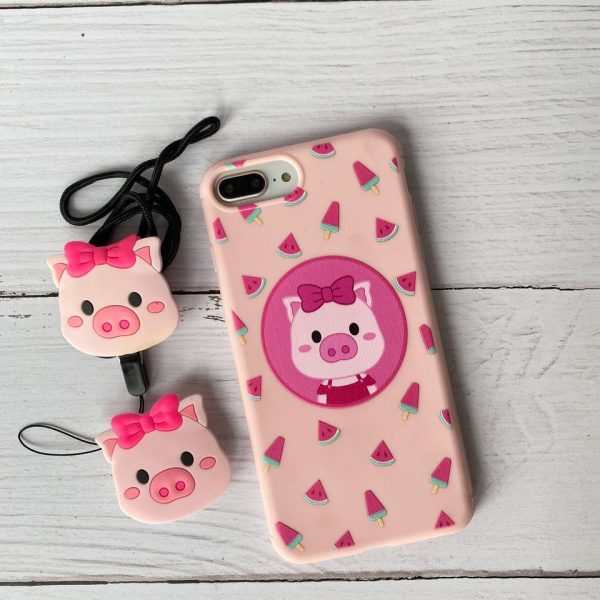 قاب موبایل آیفون خوک هندونه صورتی + پاپ سوکت و بند