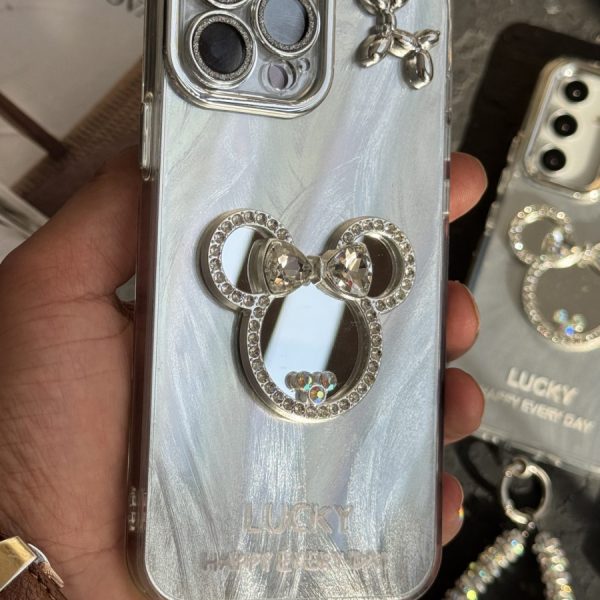 قاب موبایل ( آیفون - سامسونگ ) میکی اسکوییکی داگ آیینه ای نگین دار + بندست