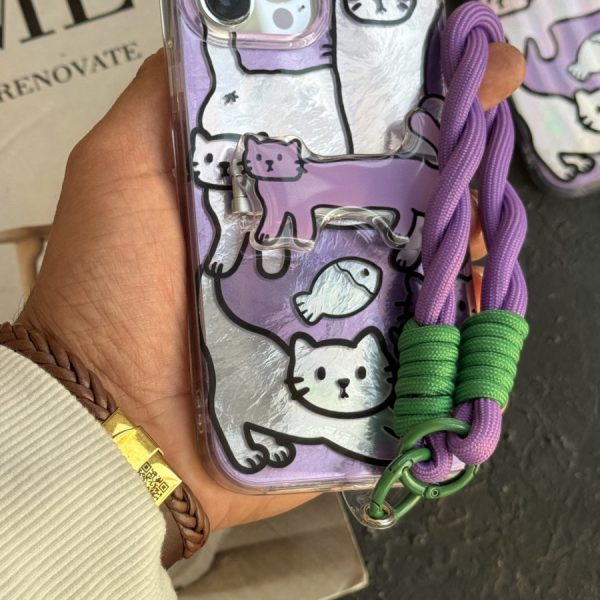 قاب موبایل آیفون گربه دراز سوسیسی بنفش پایه استندشو + بندست