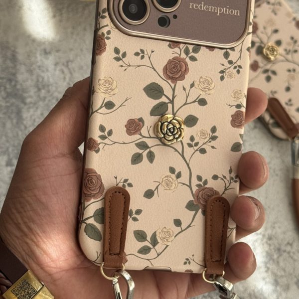 قاب موبایل ( آیفون ) گل رز فلورا قهوه ای + بندست چرمی