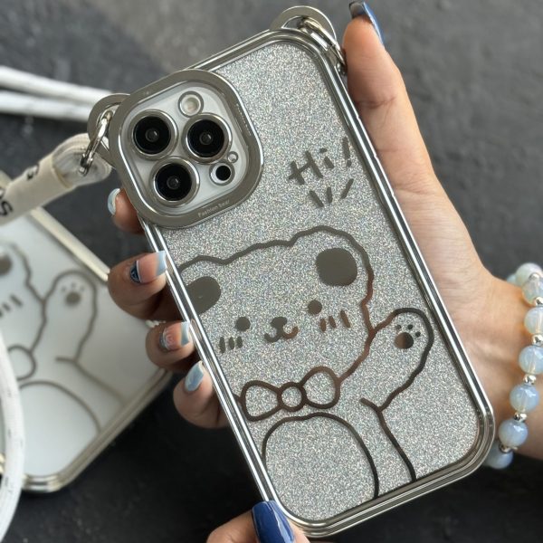 قاب موبایل سلام خرسی شاینی نقره ای + بند بلند آویز