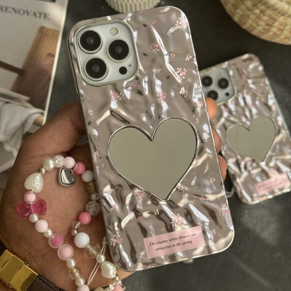 قاب موبایل آیفون گل ریز قلب آیینه ای موج دار رزگلد ( بدون بند )