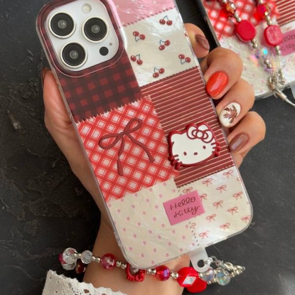 قاب موبایل آیفون کیتی چری آلبالویی پاپیون دار + بندست