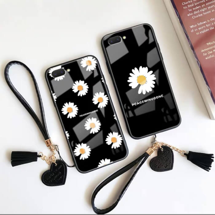 قاب موبایل آیفون بابونه پشت گلس + بند چرمی ست