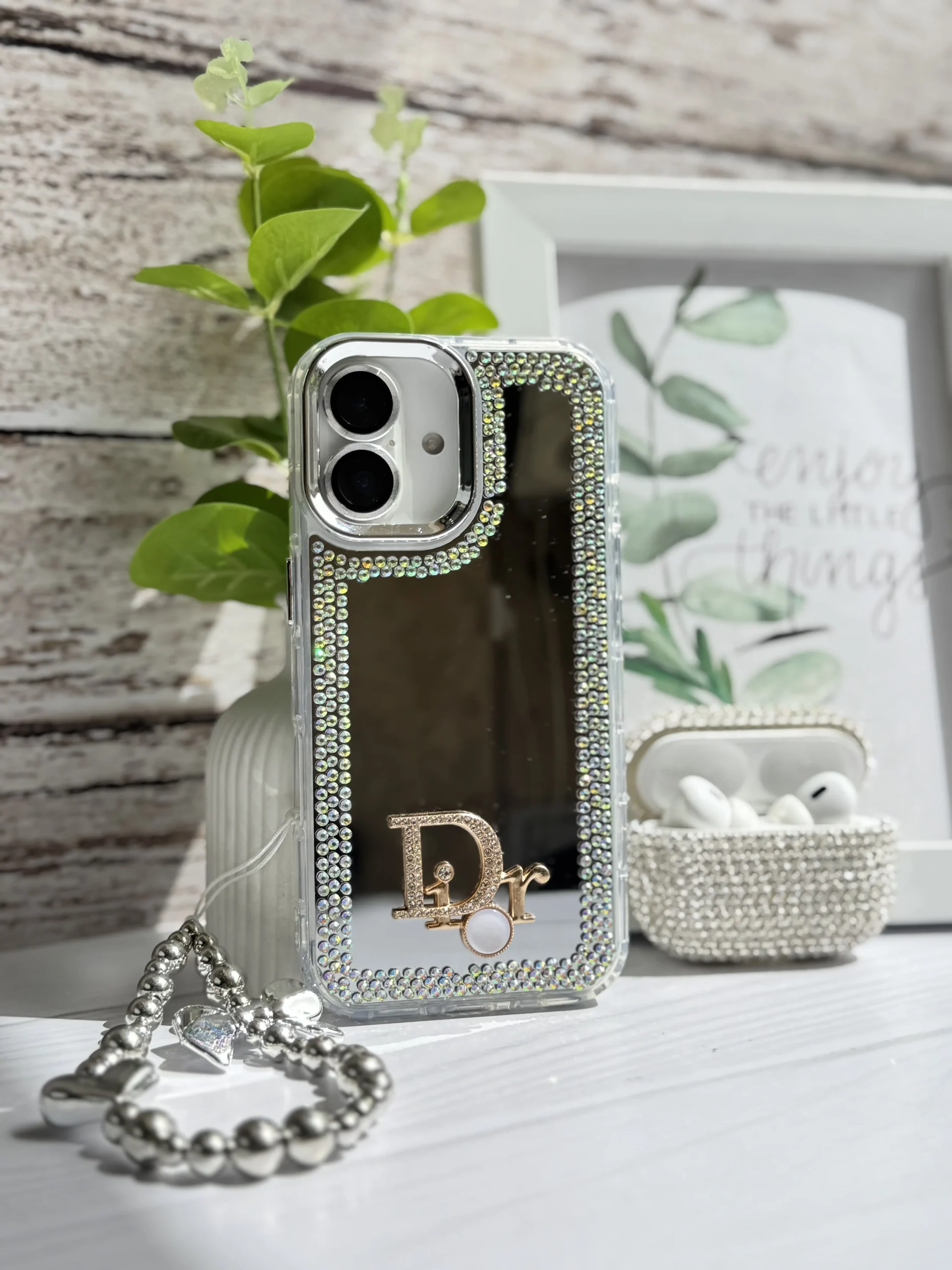 ec6806 قاب Dior آینه ای دور نگین با آویز قلبی پاپیونی (کدC1989) - Image 1