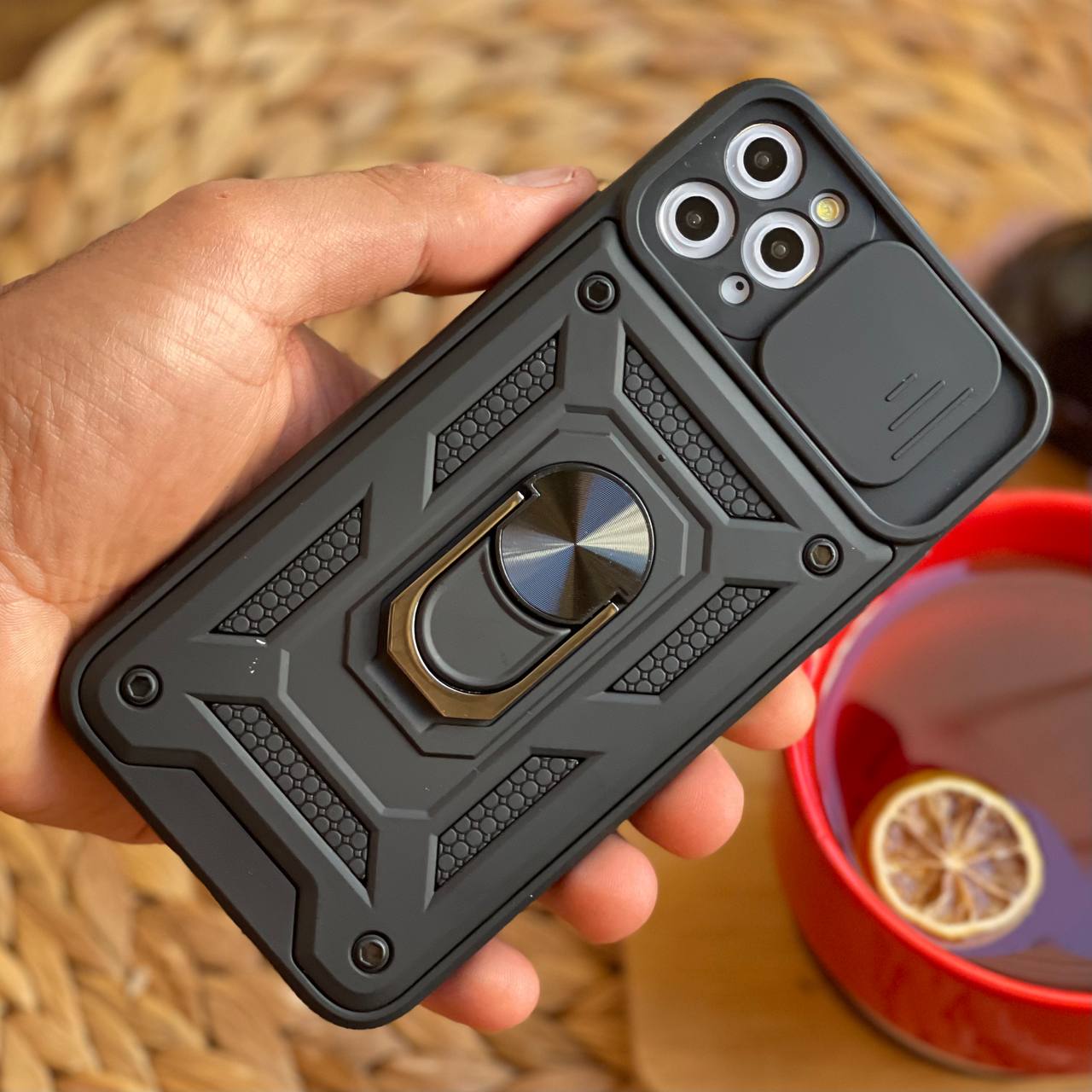 قاب موبایل آیفون شاک پروف محافظ لنز کشویی + حلقه