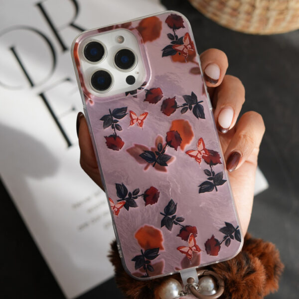 قاب موبایل آیفون دم روباهی پروانه گل سرخ + بندست پشمی