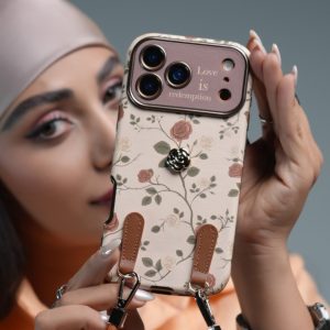 قاب موبایل ( آیفون ) گل رز فلورا قهوه ای + بندست چرمی